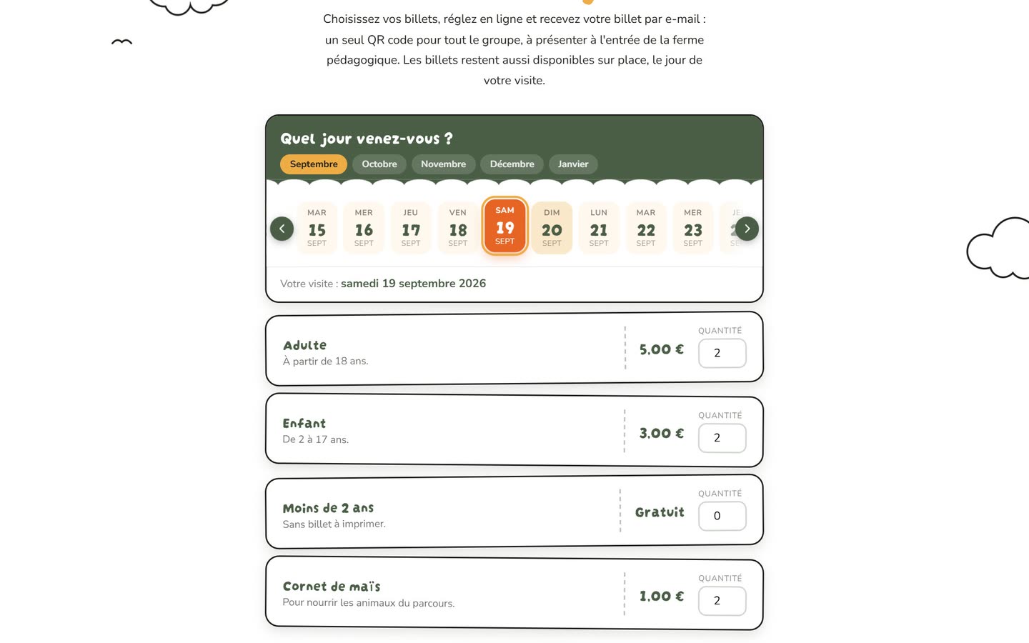 La page billetterie : choix du jour de visite et des tarifs